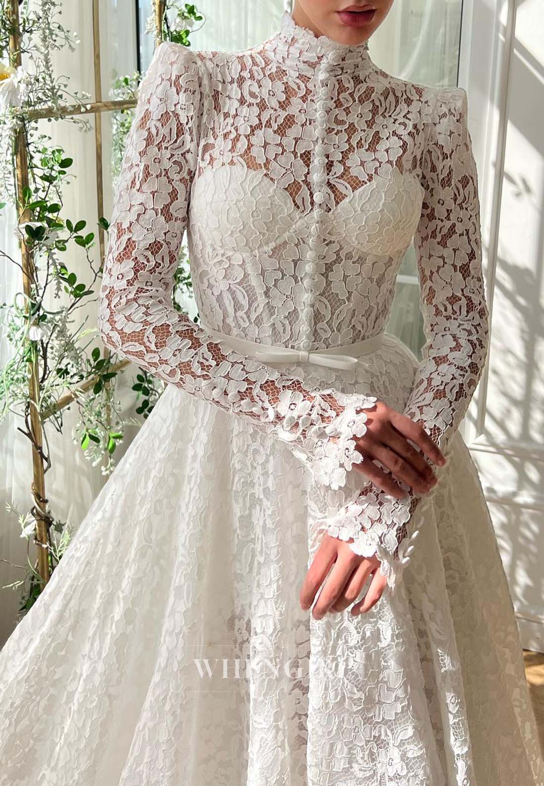 A-Line High Neck Long Sleeves Bowknot Appliqued Lace Long Wedding Dress