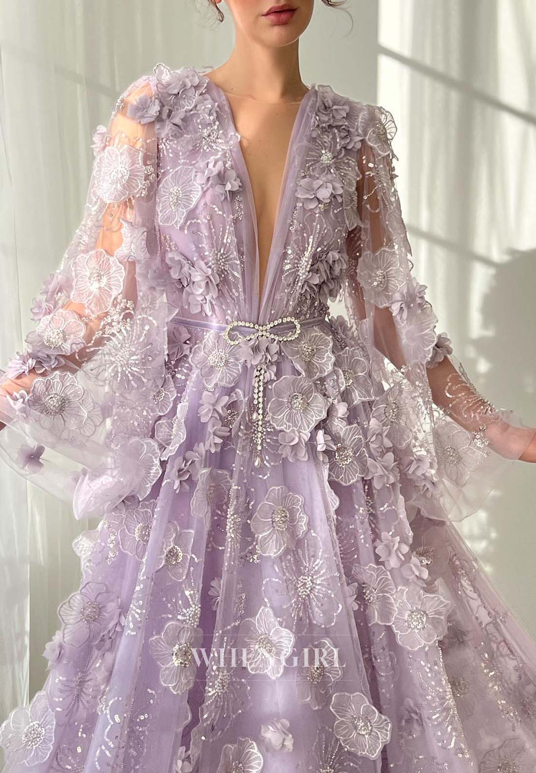 Lilac V Neck Appliqued A-Line Formal Dress Long Sleeves Floor Length Evening Dress