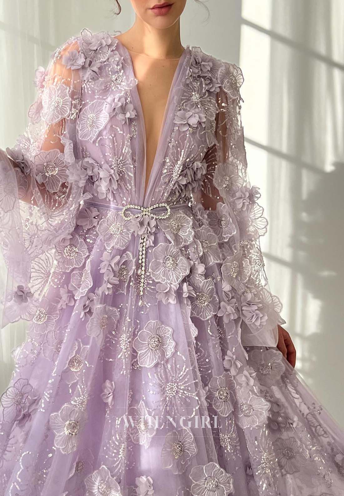 Lilac V Neck Appliqued A-Line Formal Dress Long Sleeves Floor Length Evening Dress