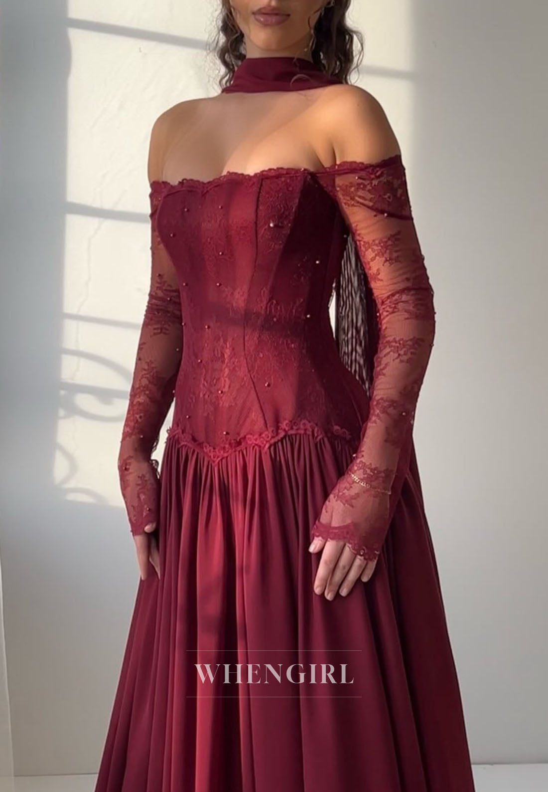 Burgundy A-Line Off Shoulder Long Sleeves Evening Formal Dress