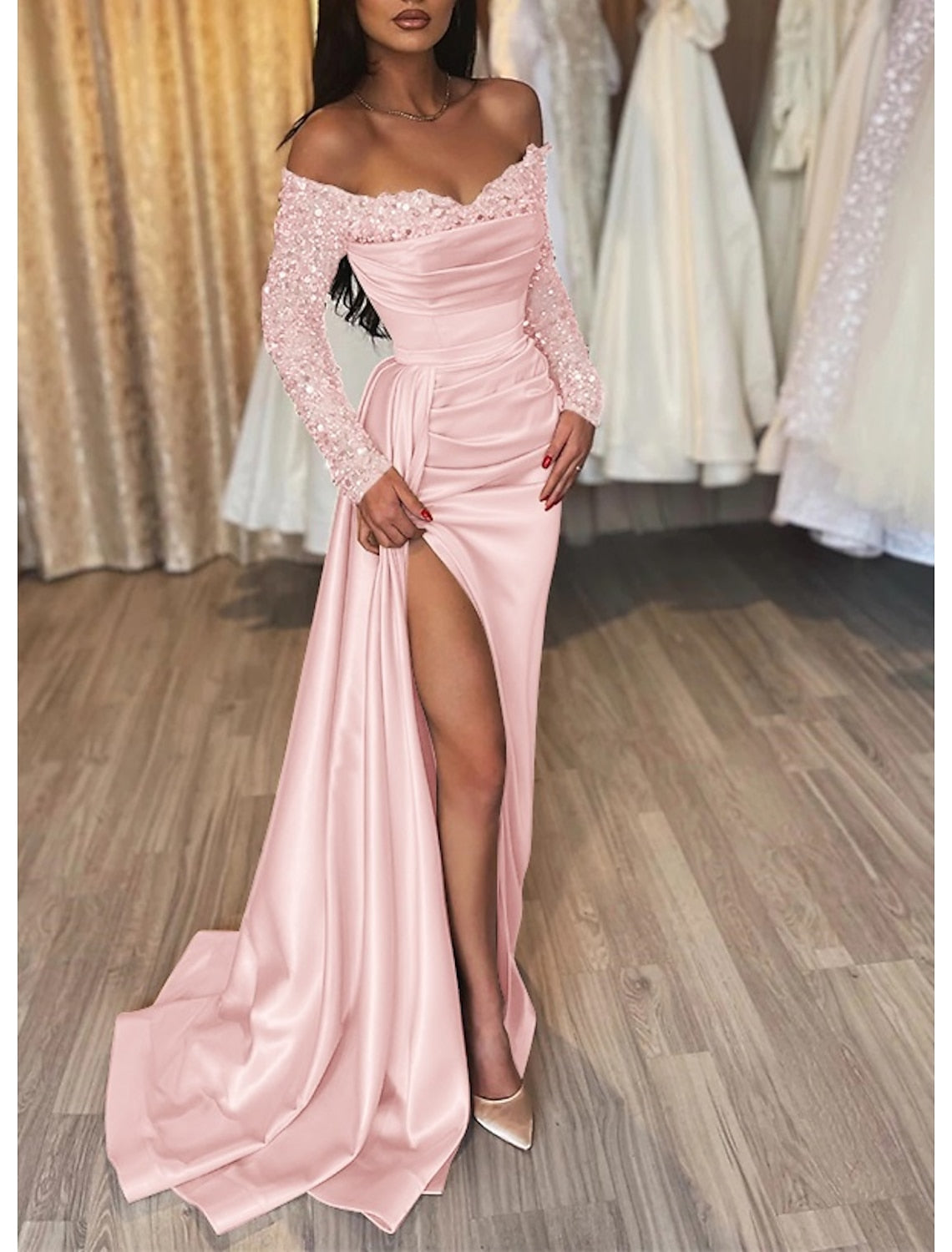 Sheath Off SHoulder Long Sleeves Pleated Long Prom Dress with Slit and Train