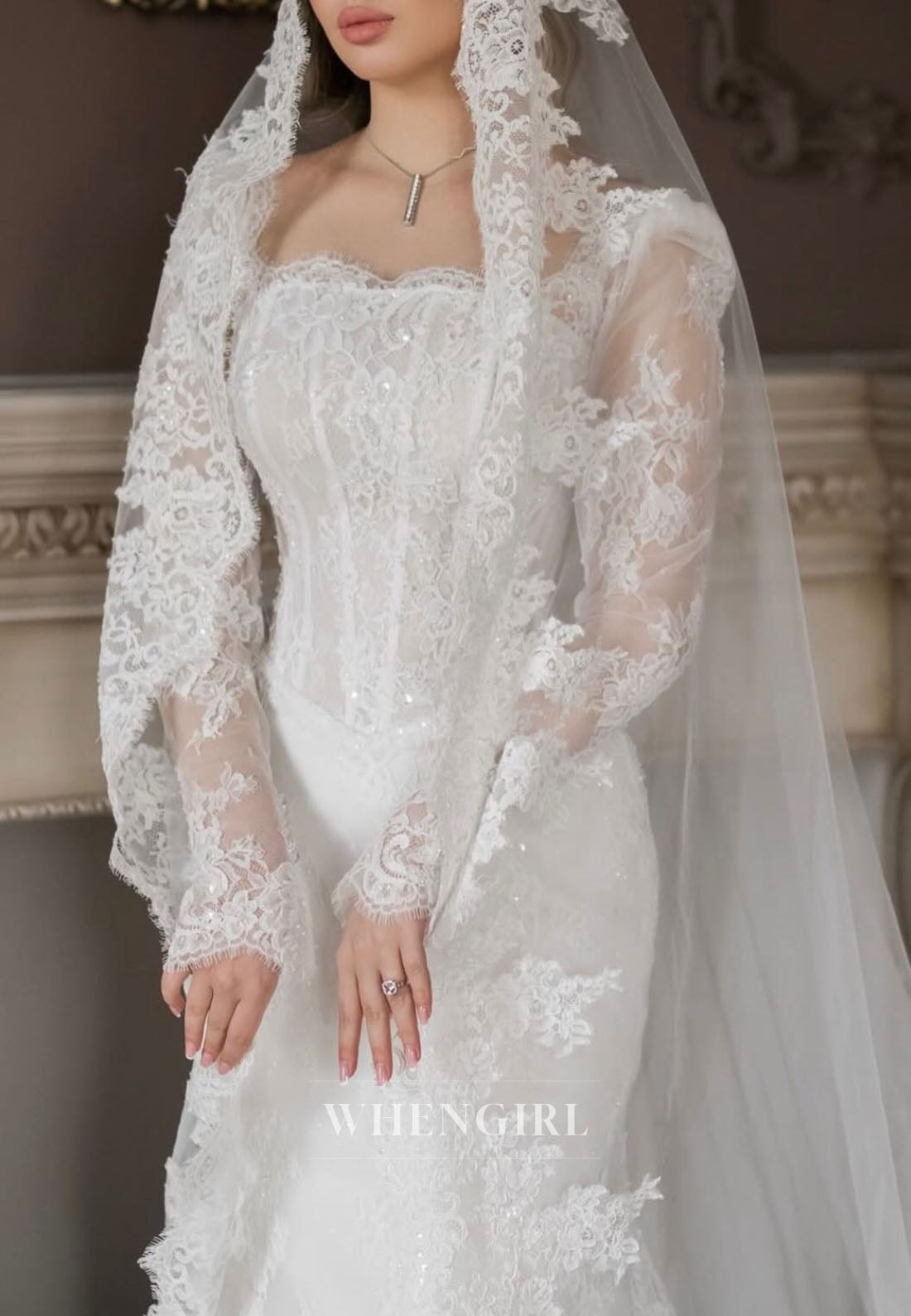 Mermaid Long Sleeves Embroidery Lace Off Shoulder Wedding Dress