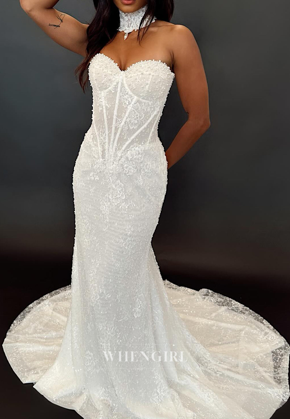 Mermaid Sweetheart Sleeveless Pearls Beaded Court Train Wedding Dress