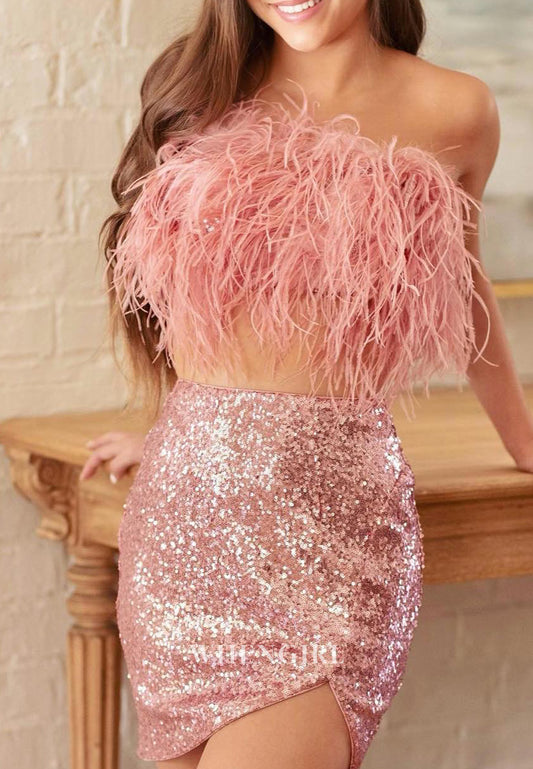 Pink Sleeveless Feather Tube Top Sequins Side Slit Sheath Short Homecoming Dress