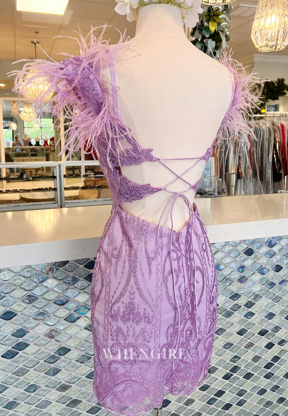 Lilac V Neck Feather Straps Sleeveless Sheath Lace Up Short Homecoming Dress