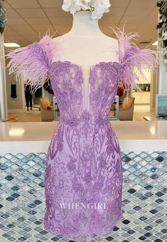 Lilac V Neck Feather Straps Sleeveless Sheath Lace Up Short Homecoming Dress
