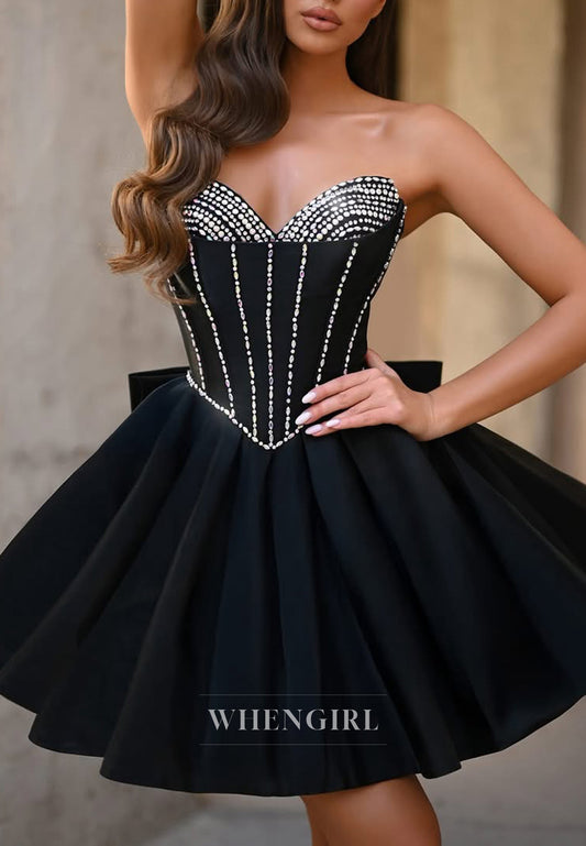 A-Line Sweetheart Sleeveless Back Zipper Bowknot Beaded Short Homecoming Dress