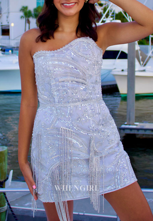 Asymmetrical Neck Rhinestones Sleeveless Tassel Sequins Sheath Short Homecoming Dress