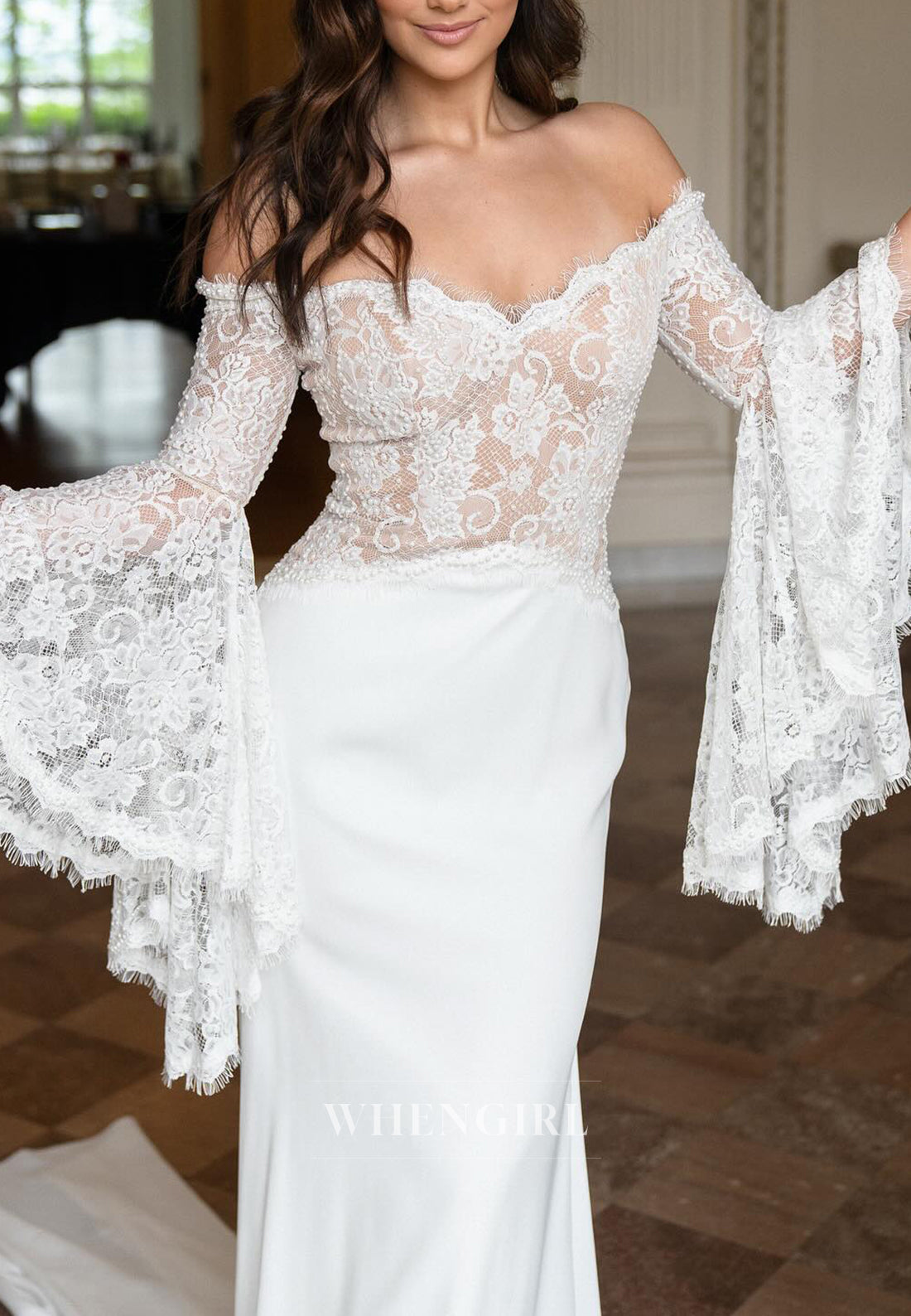 Bell Sleeves Off Shoulder Sheath Lace Top Long Wedding Dress with Train