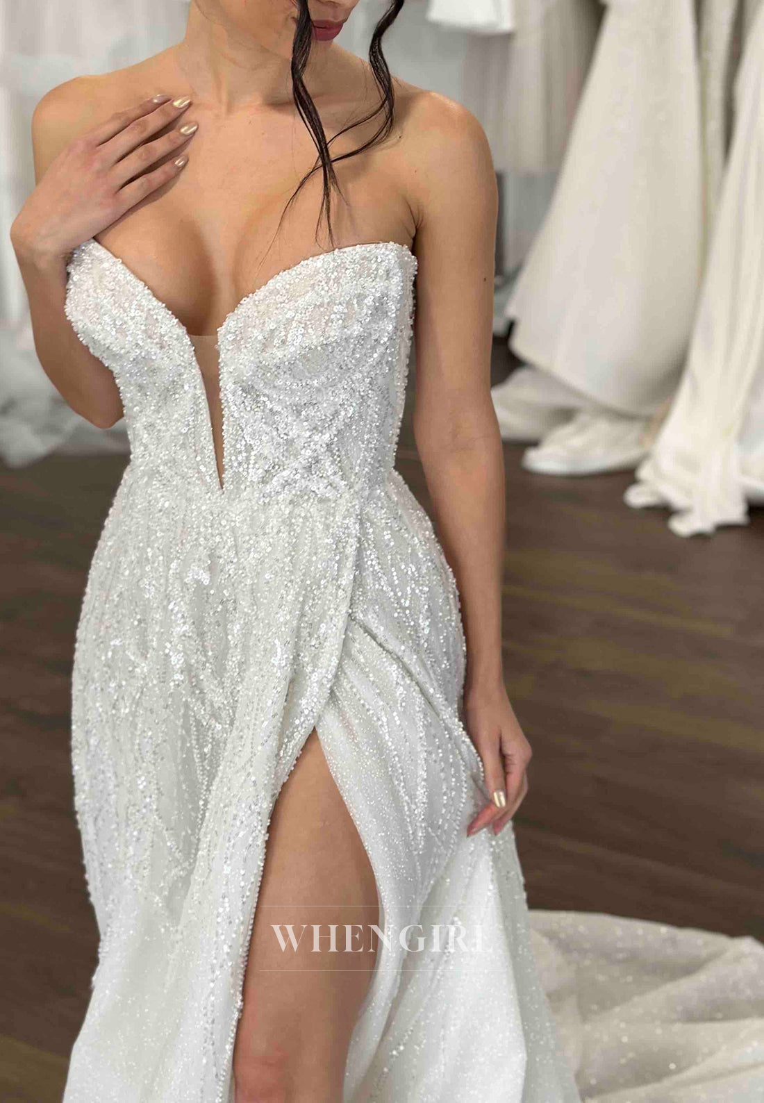 A-Line V Neck Strapless Sleeveless Side Slit Sequins Beading Court Train Wedding Dress