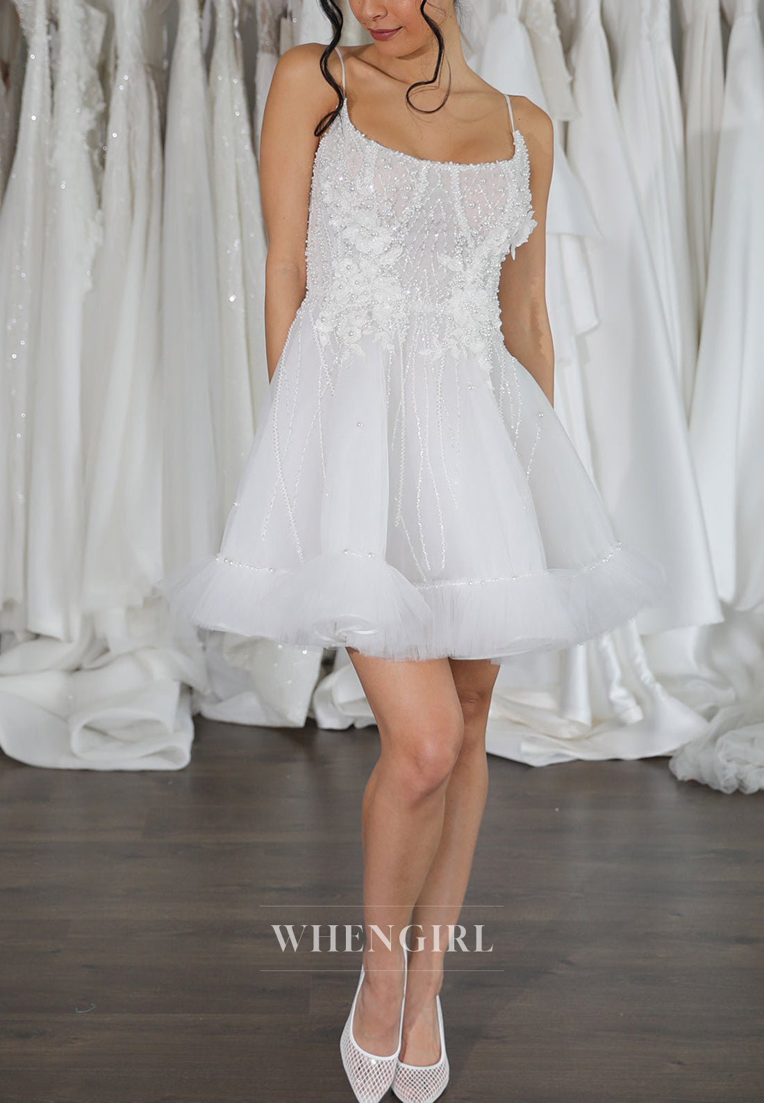 Pearls Beading Frill Hem Scoop Neck Floral A-Line Sleeveless Tulle Short Wedding Dress