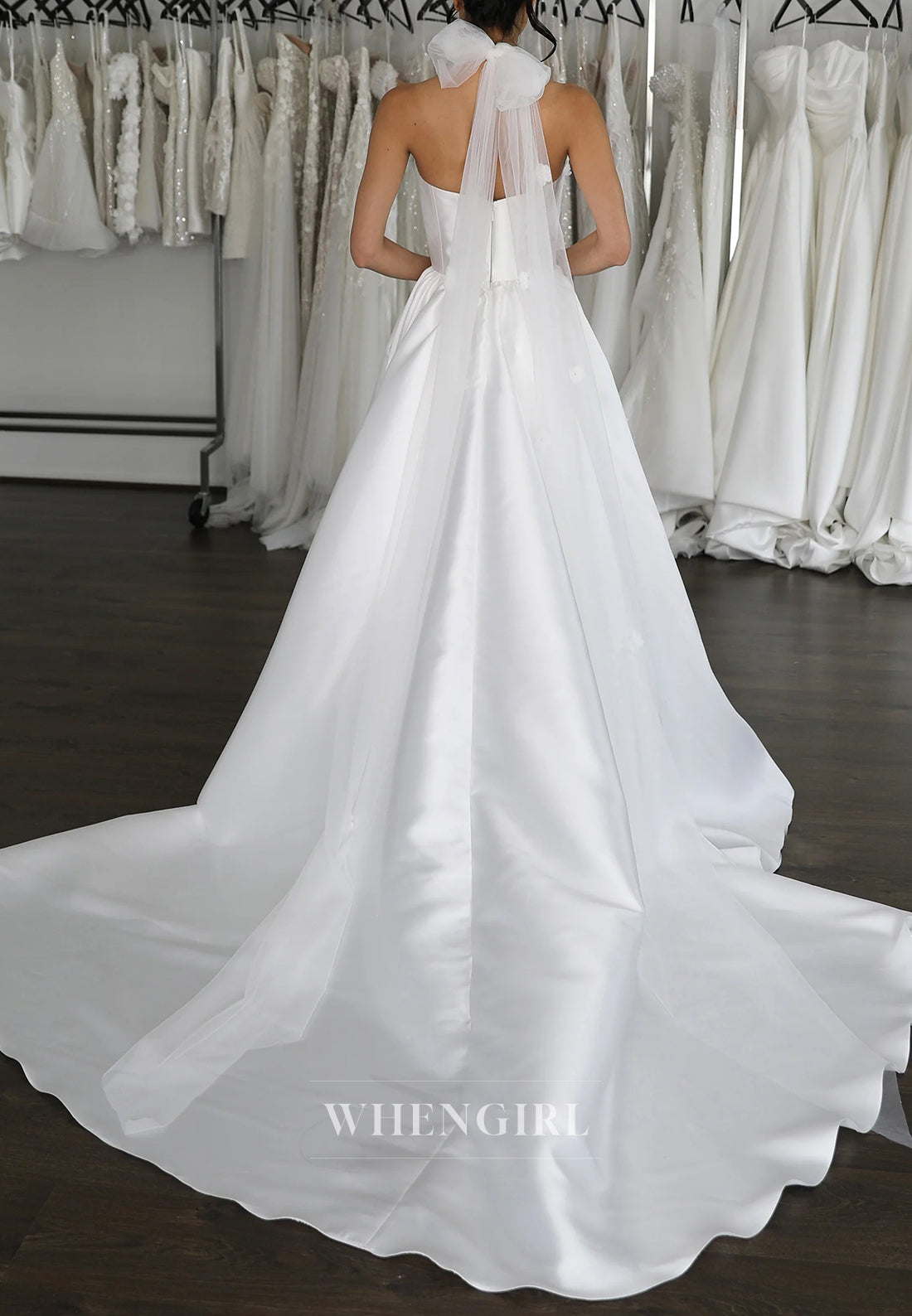 V Neck Halter Floral Sleeveless A-Line Back Zipper Satin Wedding Dress with Court Train