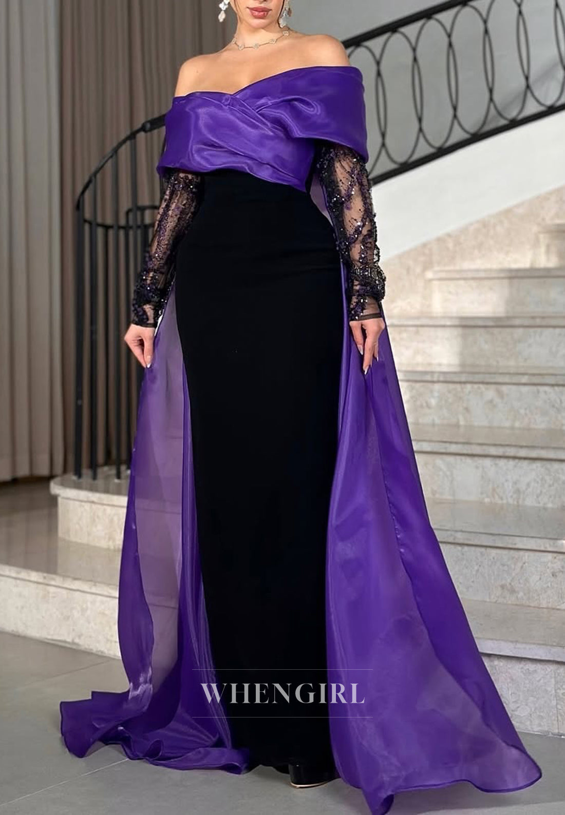 Black and Regency Off Shoulder Beaded Long Sleeves Sheath Long Formal Evening Dress with Train