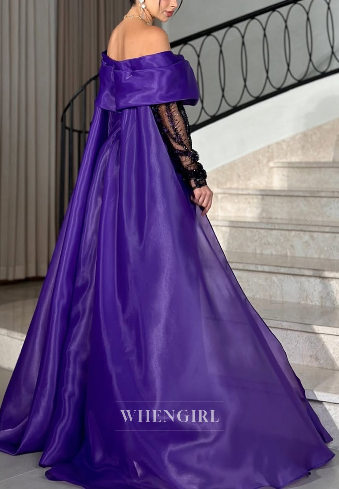 Black and Regency Off Shoulder Beaded Long Sleeves Sheath Long Formal Evening Dress with Train