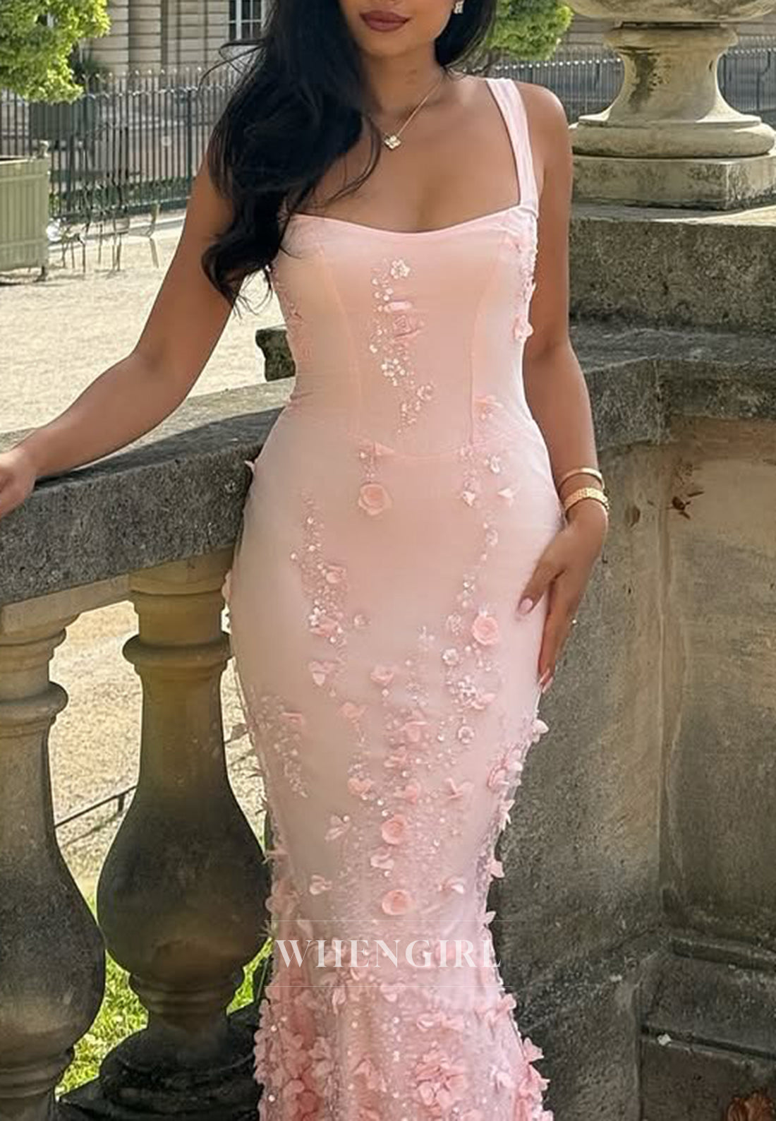 Pale Blush Floral Square Neck Regular Straps Sheath Lace Up Formal Evening Dress
