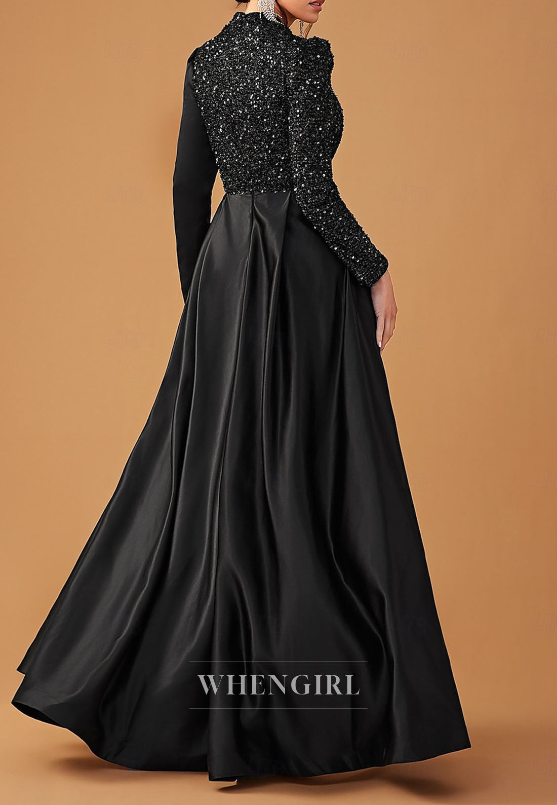 Sheath High Neck Long Sleeves Beaded Floor Length Mother of the Bride Dress