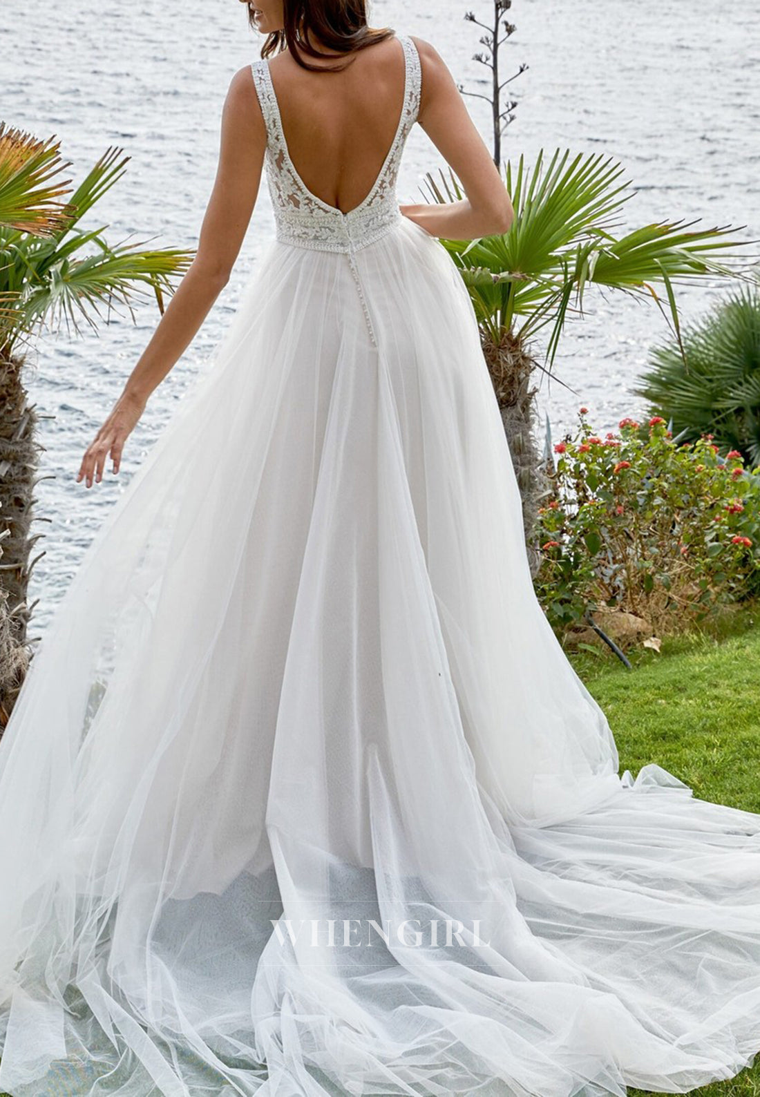A-Line Appliqued Lace V Neck Sleeveless Tulle Beach Wedding Dress with Sweep Train