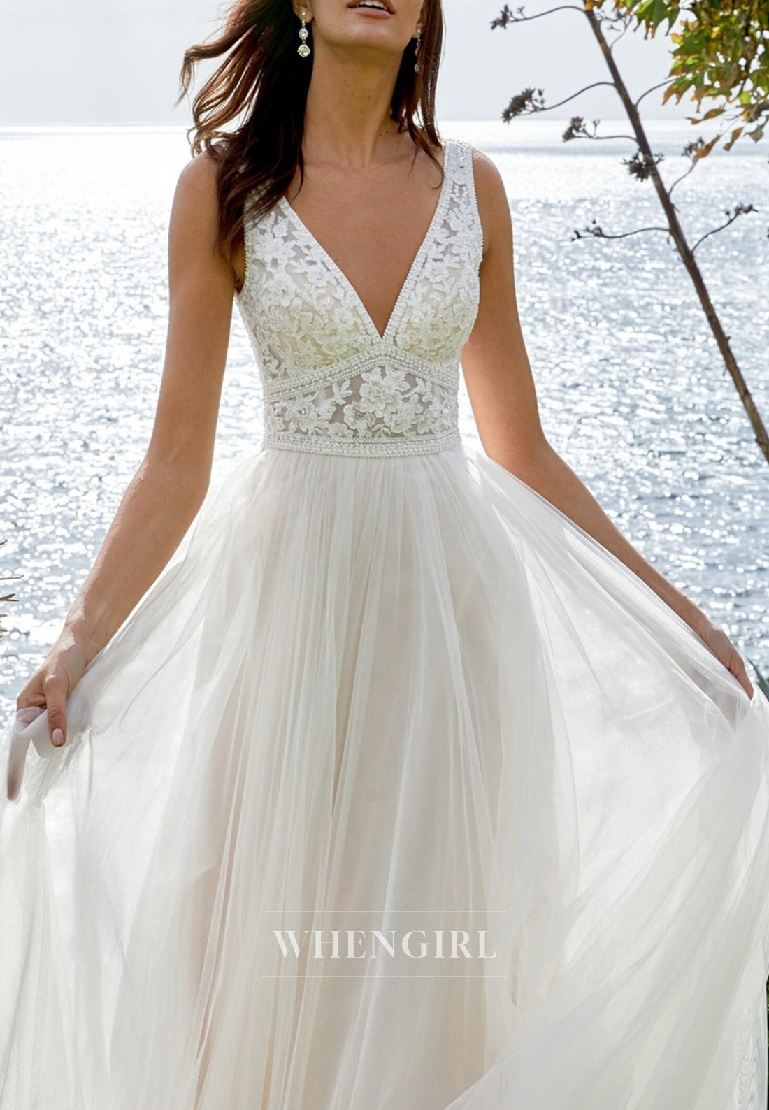 A-Line Appliqued Lace V Neck Sleeveless Tulle Beach Wedding Dress with Sweep Train