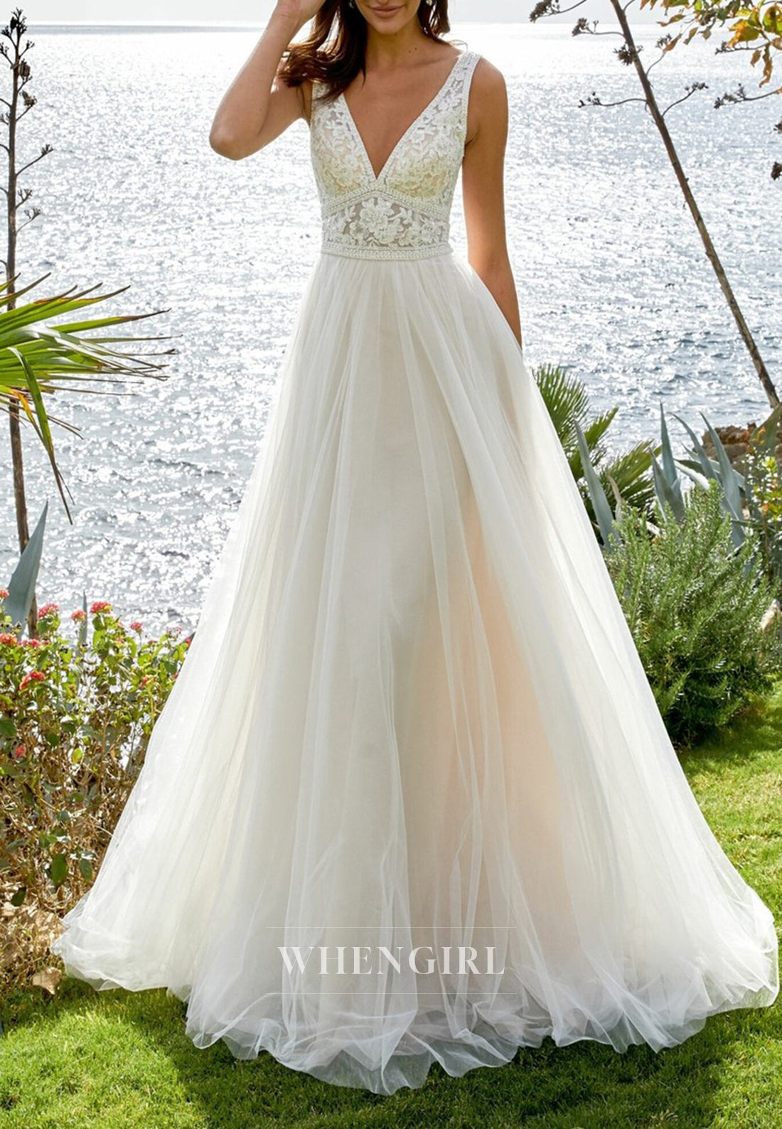 A-Line Appliqued Lace V Neck Sleeveless Tulle Beach Wedding Dress with Sweep Train