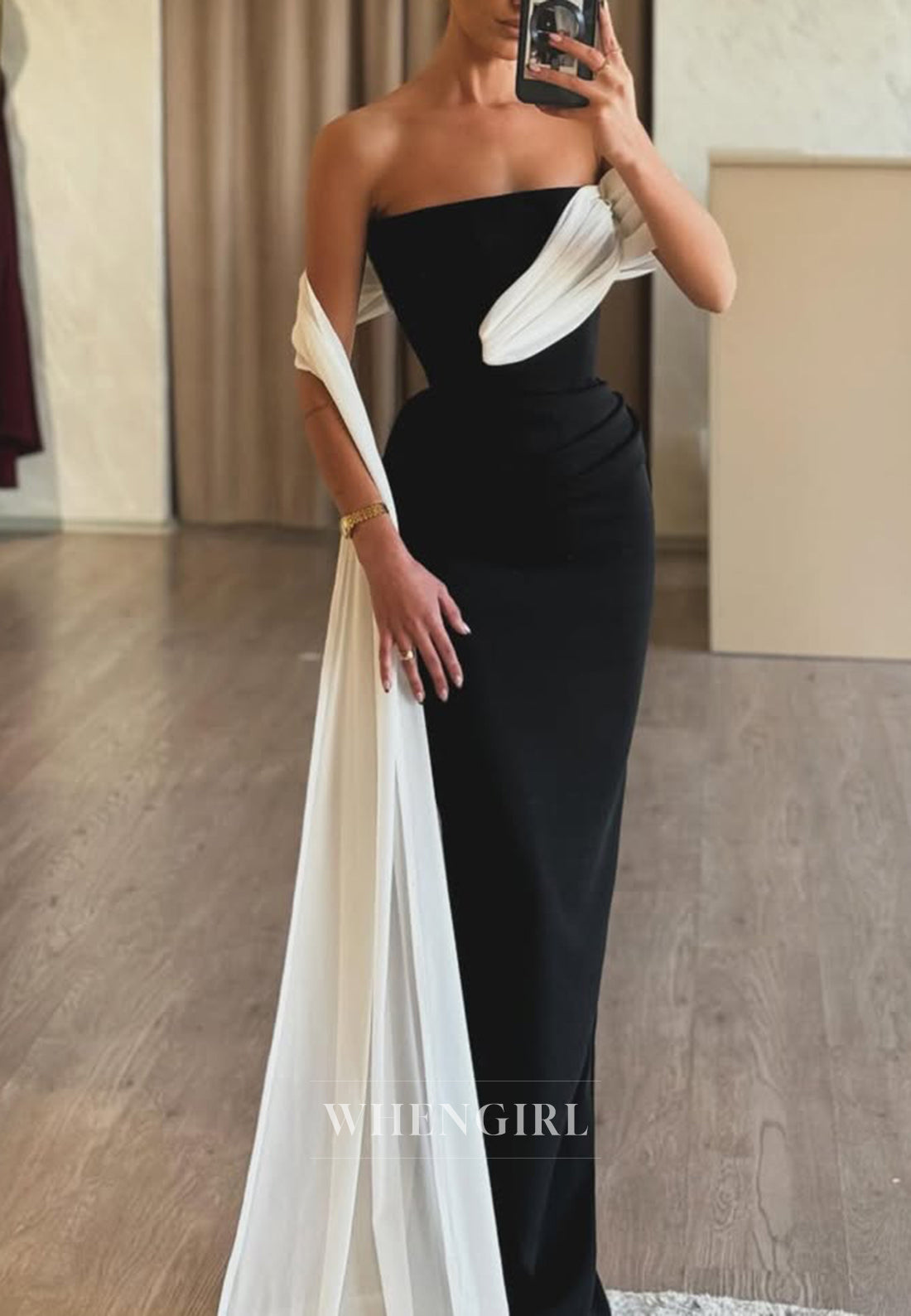 Black Floor Length Strapless Sheath Formal Evening Gown with White Cape