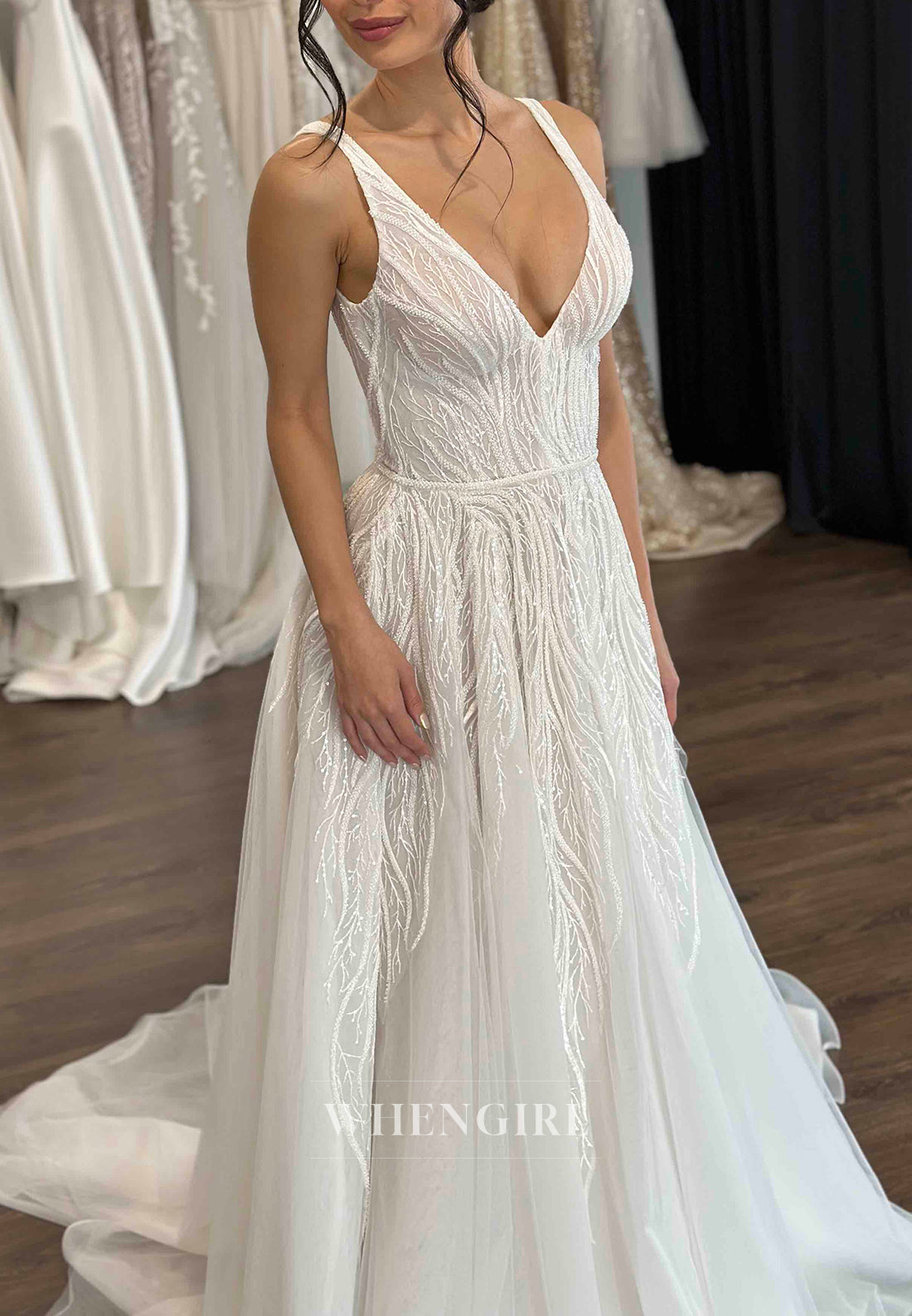 V Neck Sleeveelss Beaded Straps Vine Sweep Train A-Line Wedding Dress