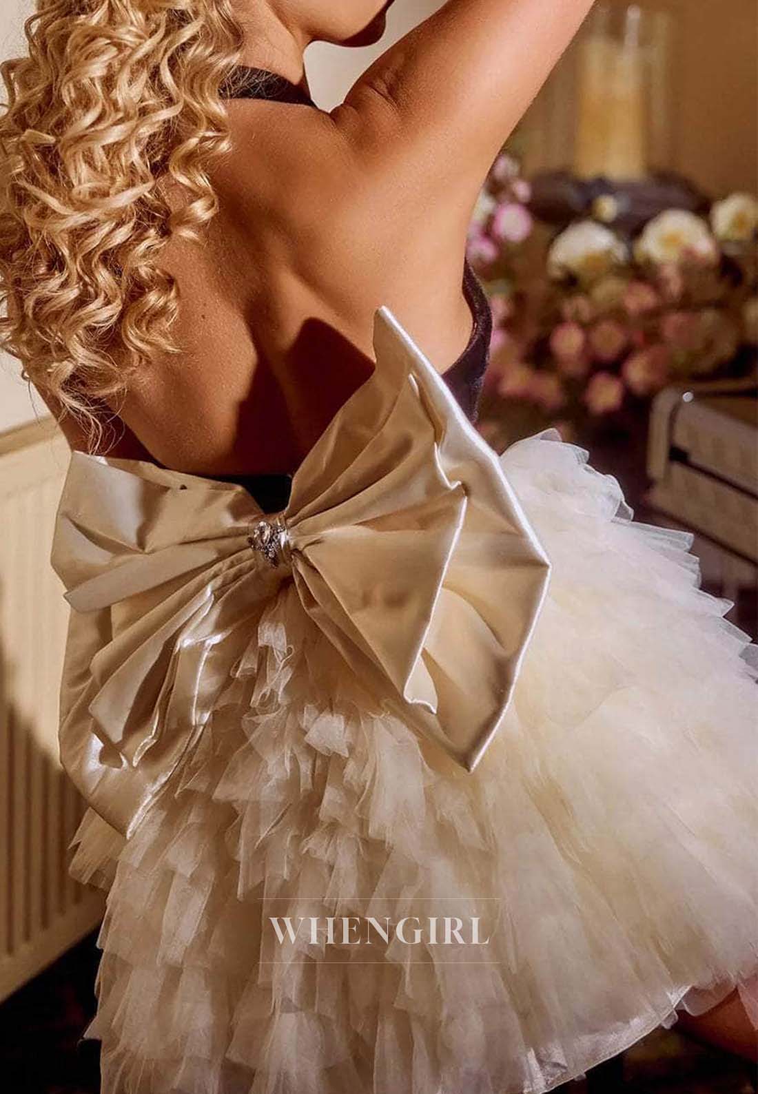 Low V Neck Multi Tiered Bowknot Sleeveless Halter A-Line Homecoming Dress