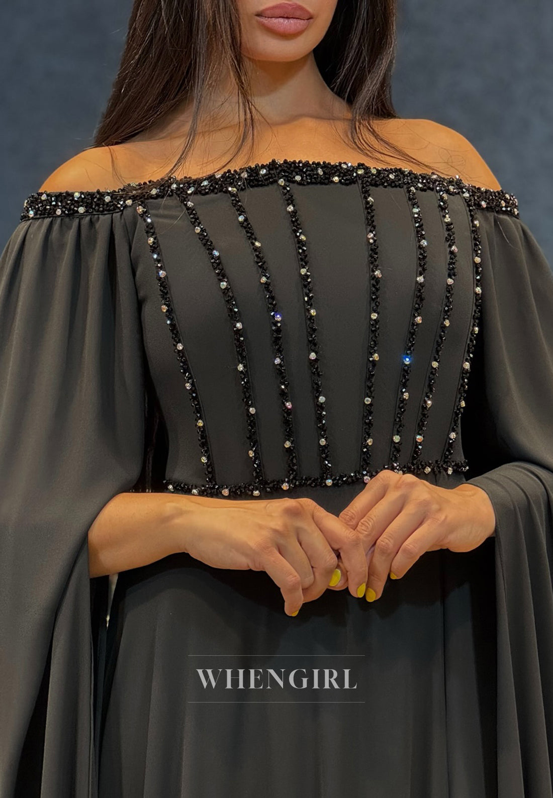 Column Off Shoulder Long Bell Sleeves Side Slit Beaded Evening Formal Dress