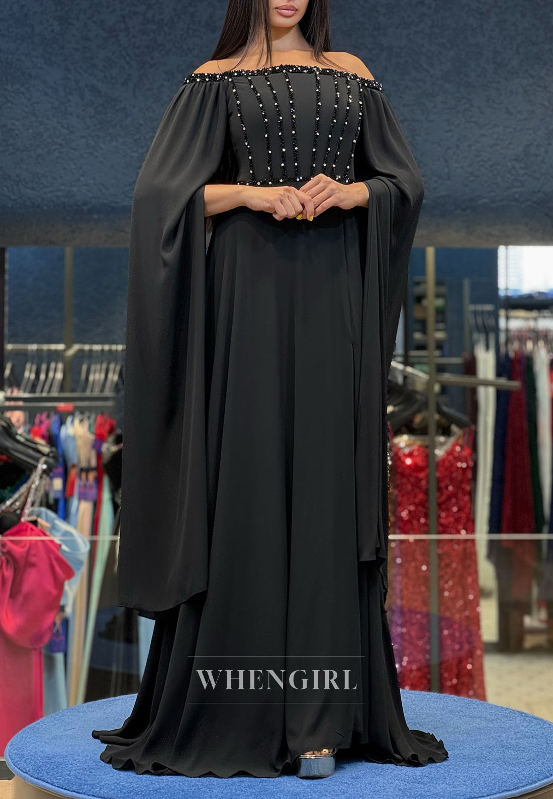 Column Off Shoulder Long Bell Sleeves Side Slit Beaded Evening Formal Dress