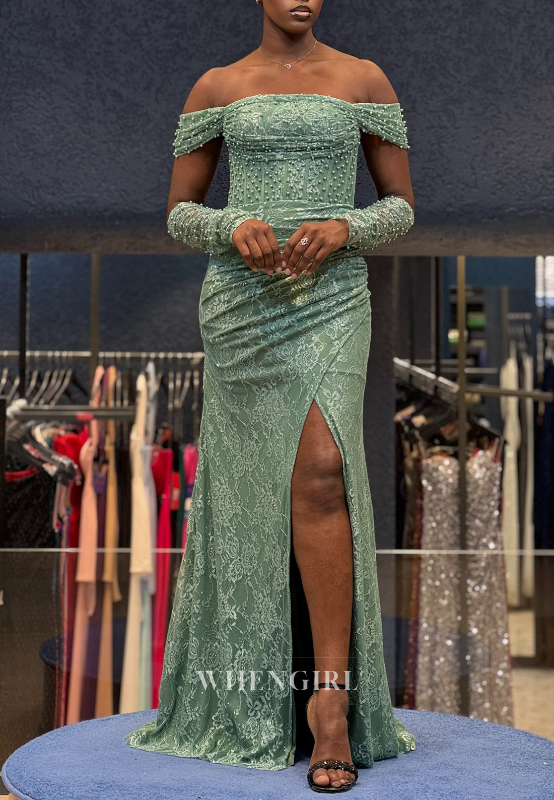 Column Off Shoulder Long Sleeves Beaded Lace Formal Evening Gown with Side Slit