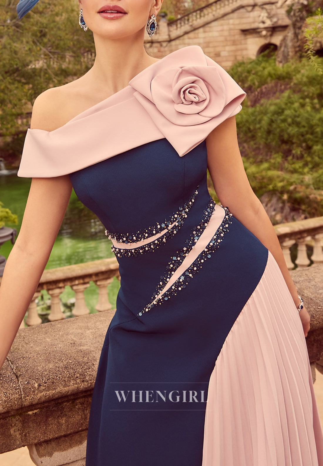 Off Shoulder A-Line Beaded Pleated Sleeveless Flower Ankle Length Mother of the Bride Dress
