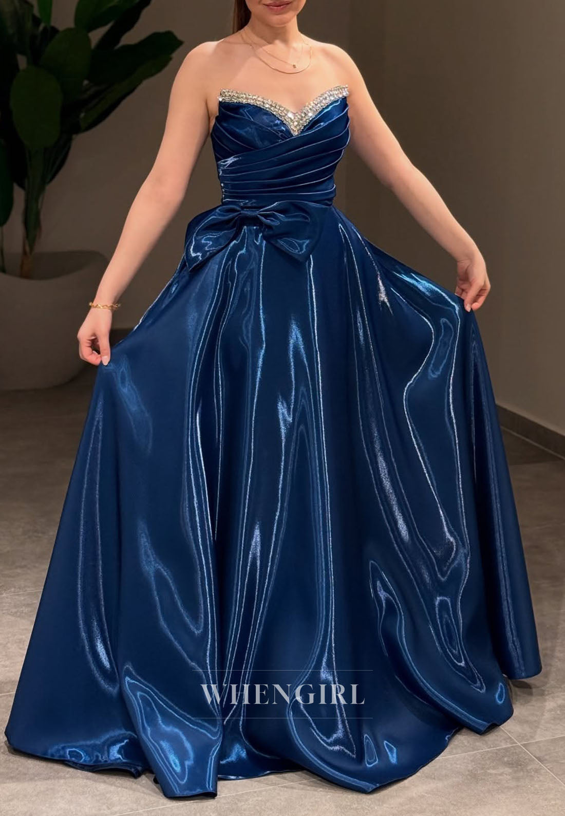 V Neck Sleeveless A-Line Evening Dress Bowknot Lace Up Pleated Sweep Train Formal Dress