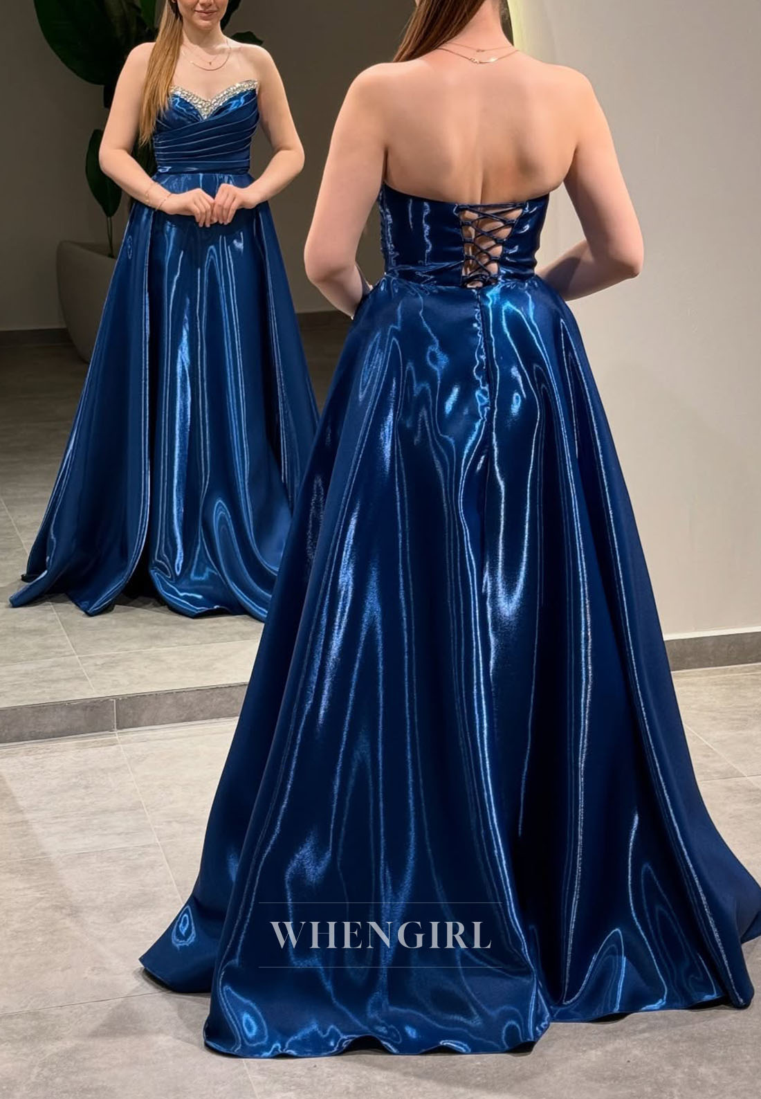 V Neck Sleeveless A-Line Evening Dress Bowknot Lace Up Pleated Sweep Train Formal Dress