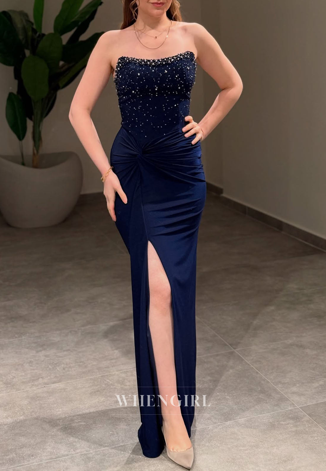 Column Sleeveless Beaede Formal Gown Strapless Pleated Side Slit Floor Length Evening Dress