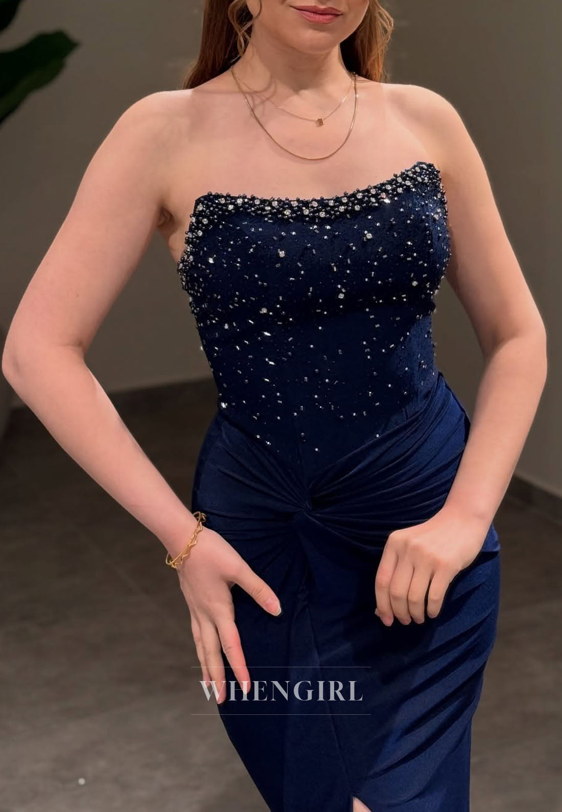 Column Sleeveless Beaede Formal Gown Strapless Pleated Side Slit Floor Length Evening Dress