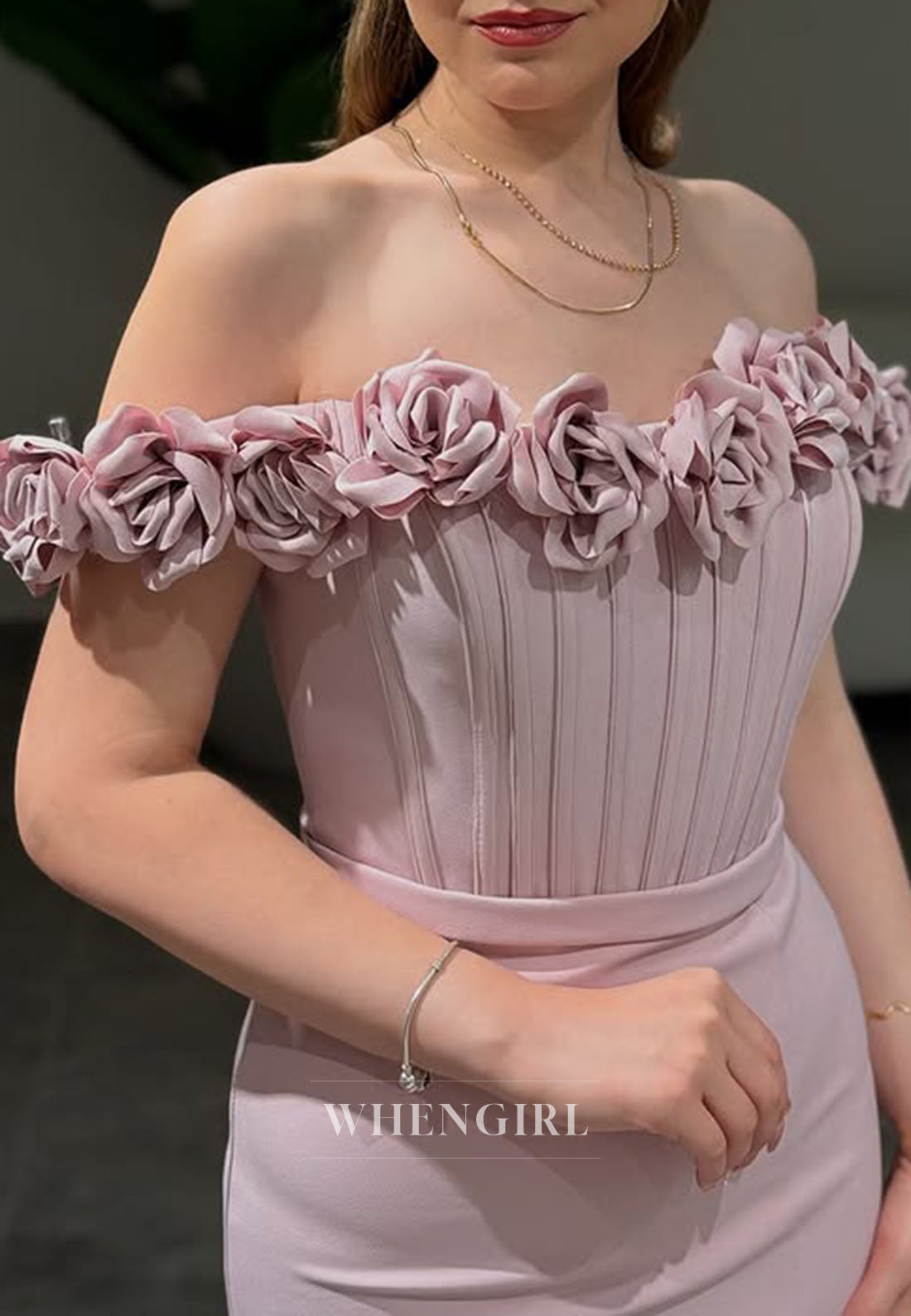 Sheath Sleeveless Off Shoulder Formal Dress with 3D Flowers Side Slit Floor Length Evening Dress