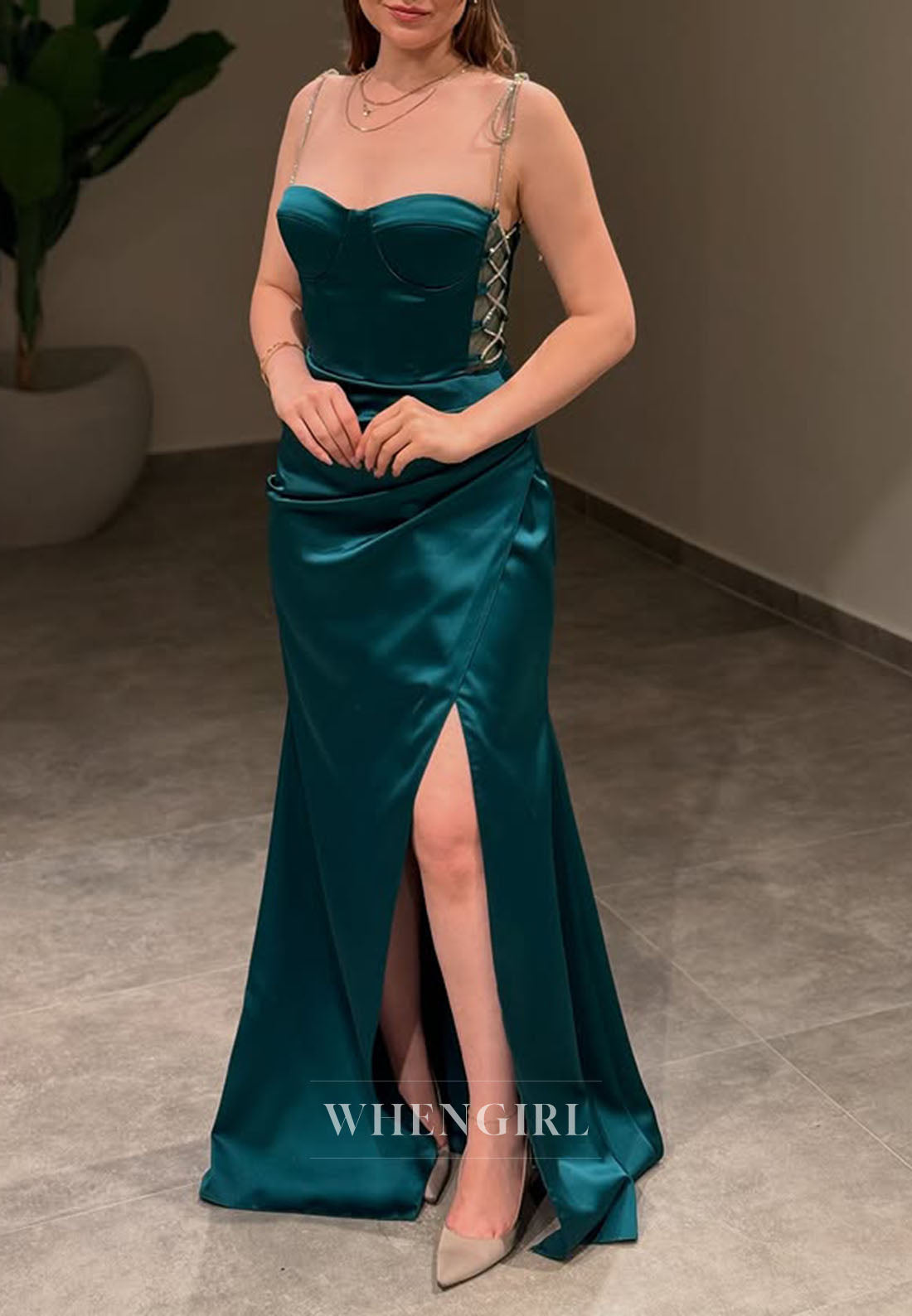 Column Sweetheart Sleeveless Formal Dress Spaghetti Straps Side Slit Satin Pleated Evening Dress