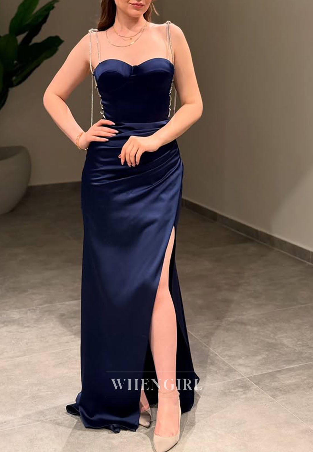 Column Sweetheart Sleeveless Formal Dress Spaghetti Straps Side Slit Satin Pleated Evening Dress