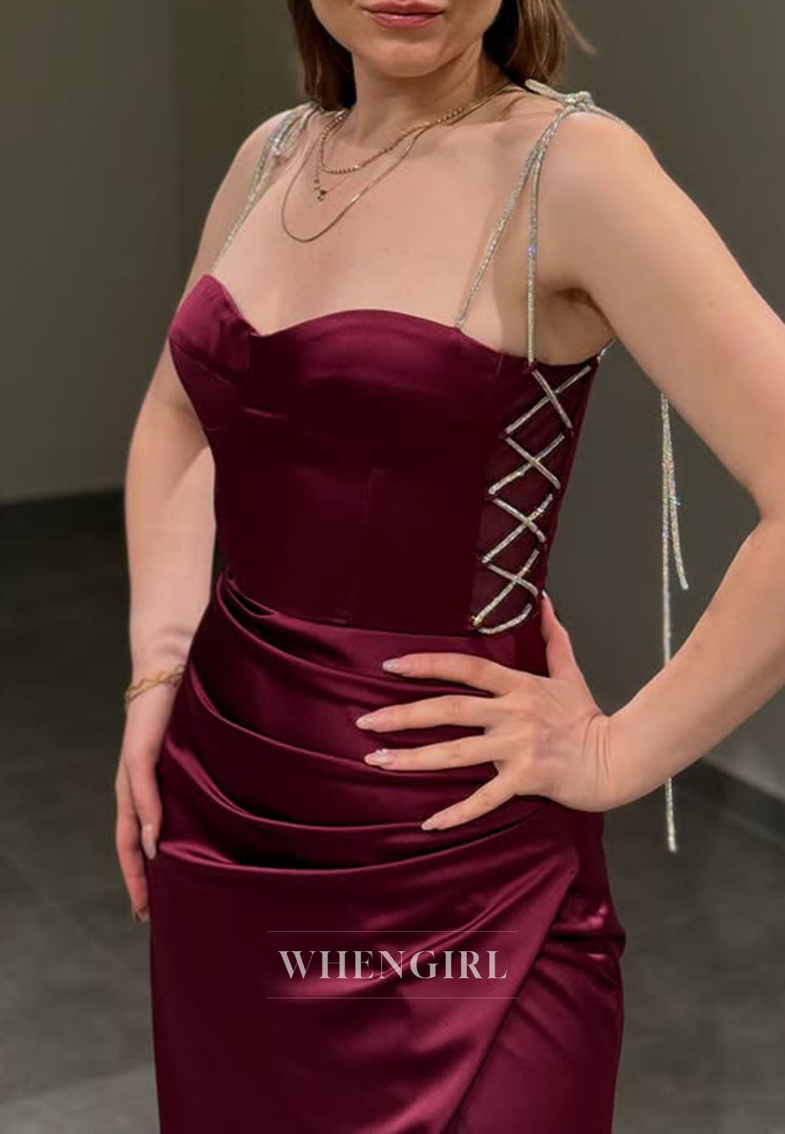 Column Sweetheart Sleeveless Formal Dress Spaghetti Straps Side Slit Satin Pleated Evening Dress