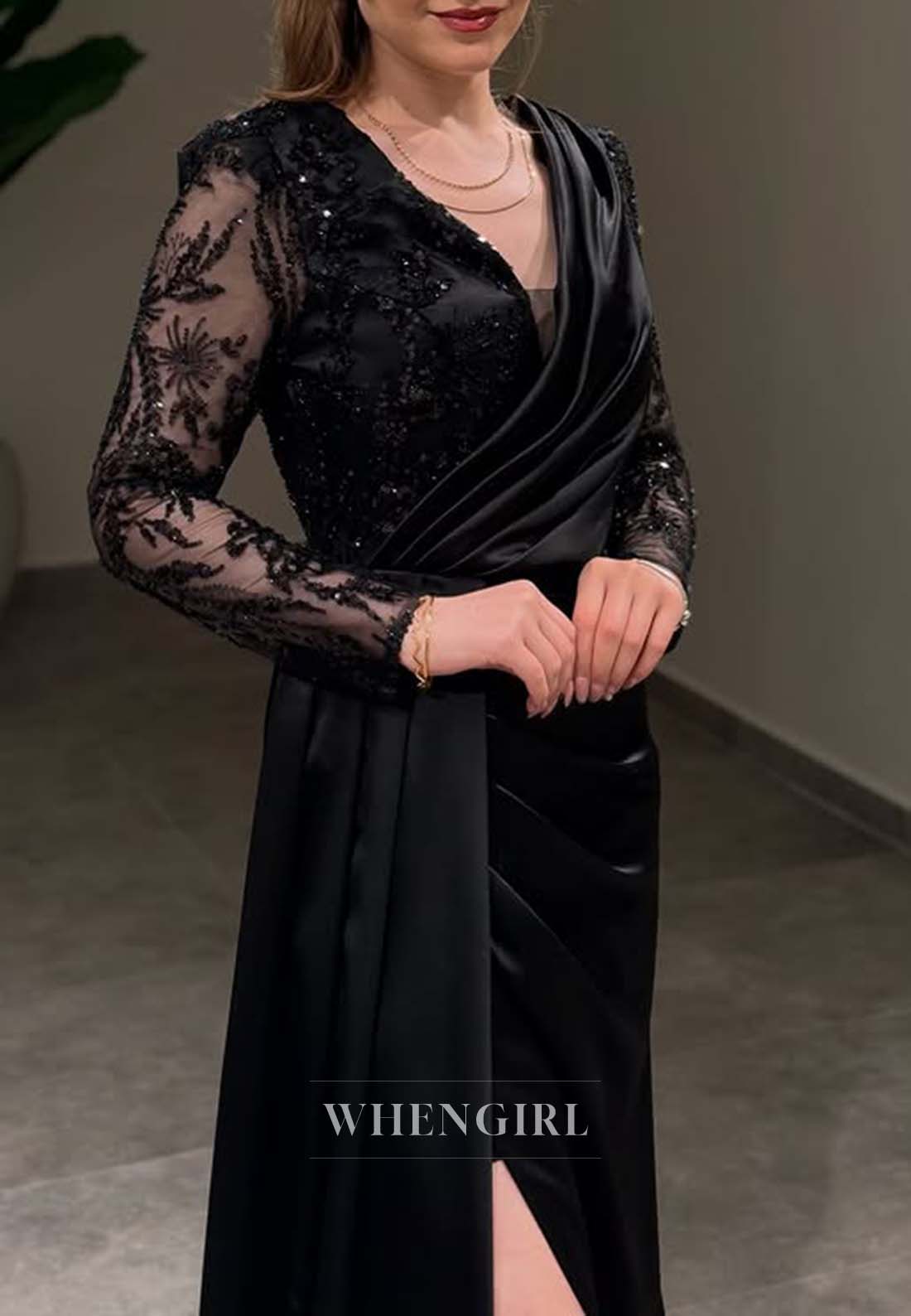 V Neck Lace Long Sleeves Formal Dress Side Slit Pleated Sheath Floor Length Evening Gown