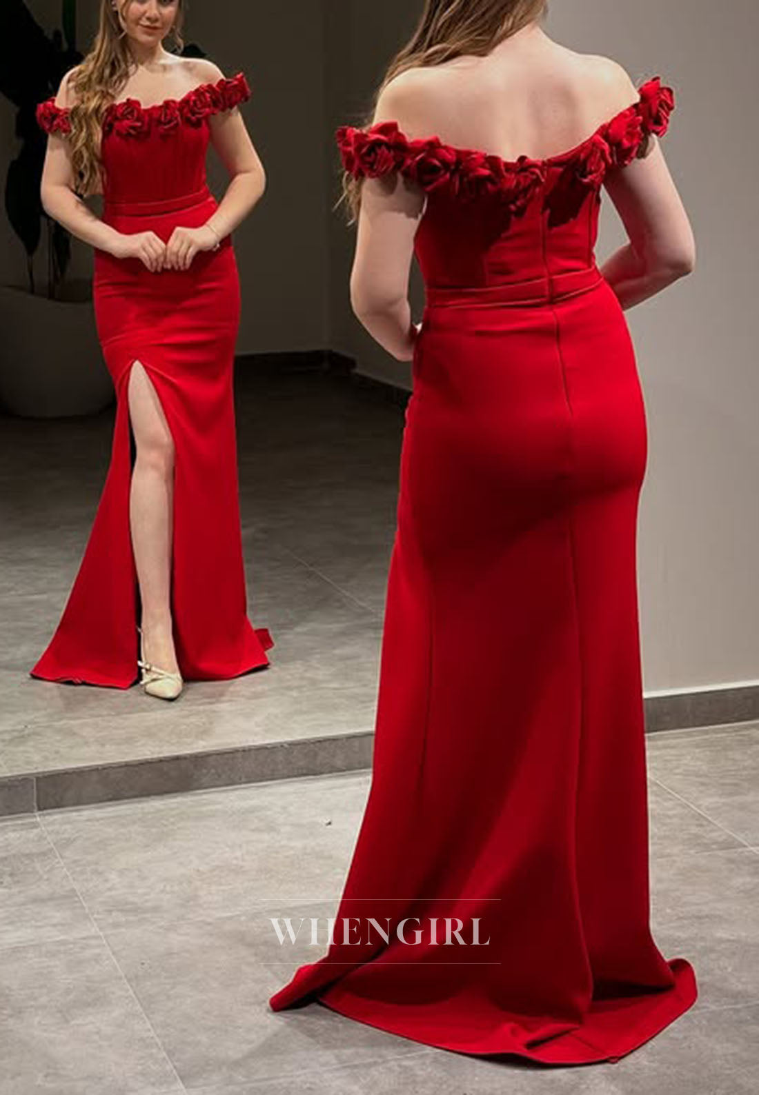 Sheath Sleeveless Off Shoulder Formal Dress with 3D Flowers Side Slit Floor Length Evening Dress