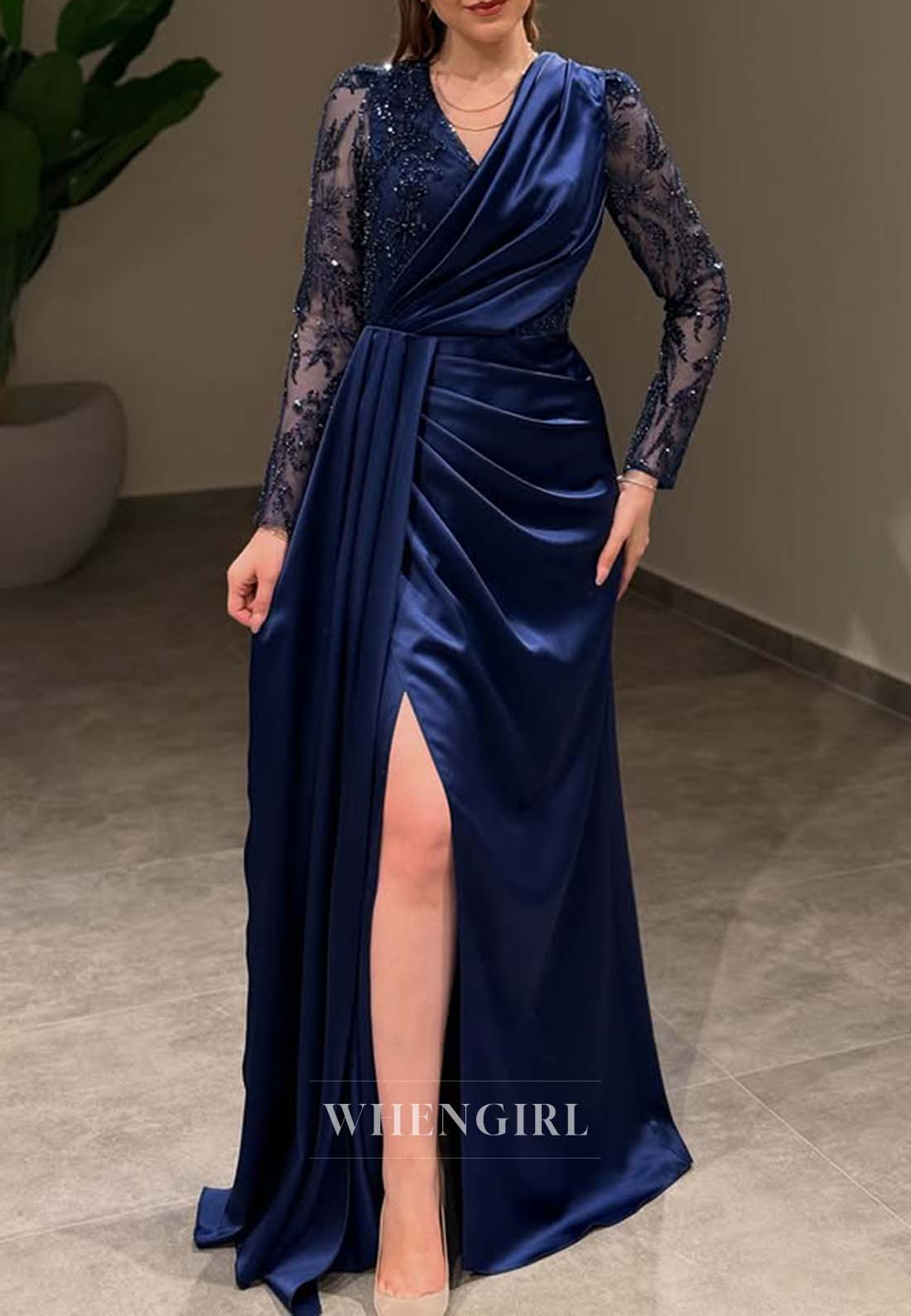 V Neck Lace Long Sleeves Formal Dress Side Slit Pleated Sheath Floor Length Evening Gown