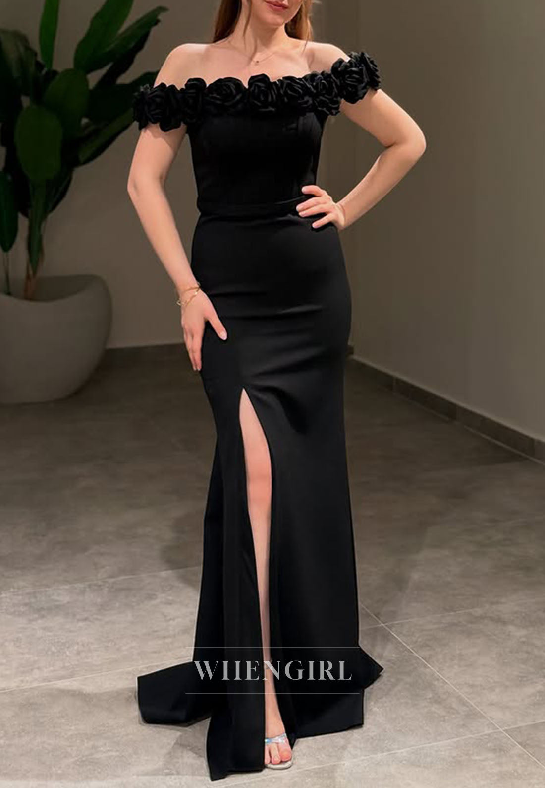 Sheath Sleeveless Off Shoulder Formal Dress with 3D Flowers Side Slit Floor Length Evening Dress