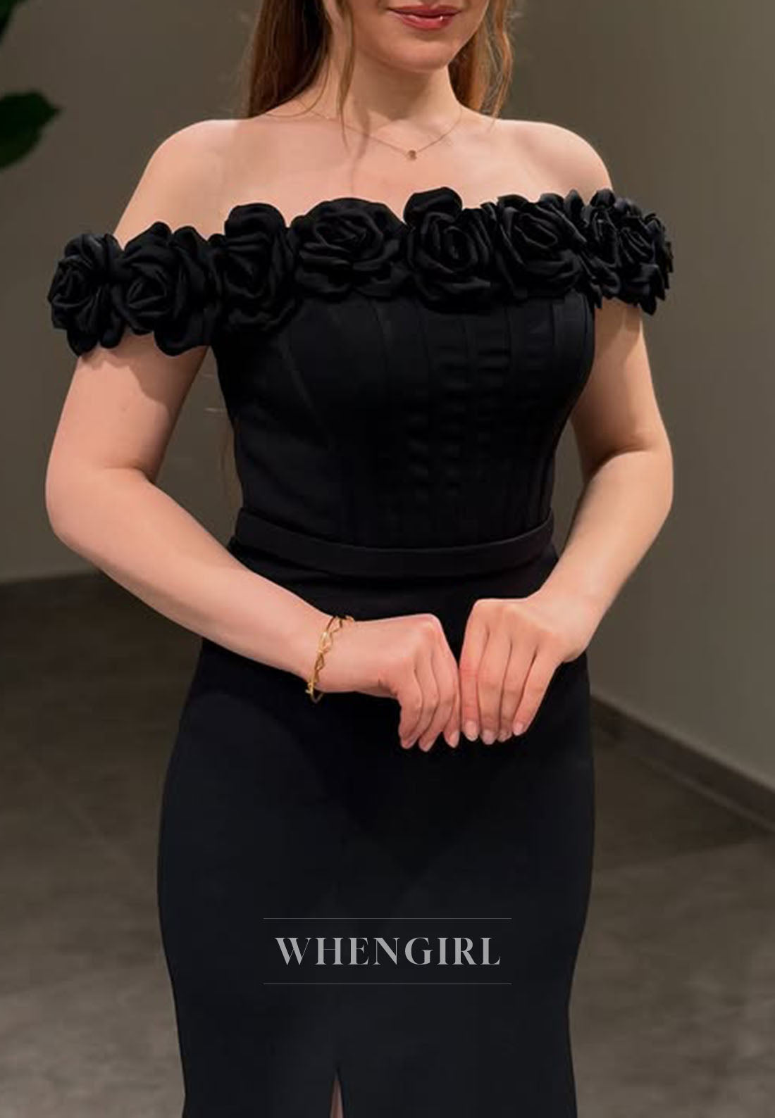 Sheath Sleeveless Off Shoulder Formal Dress with 3D Flowers Side Slit Floor Length Evening Dress