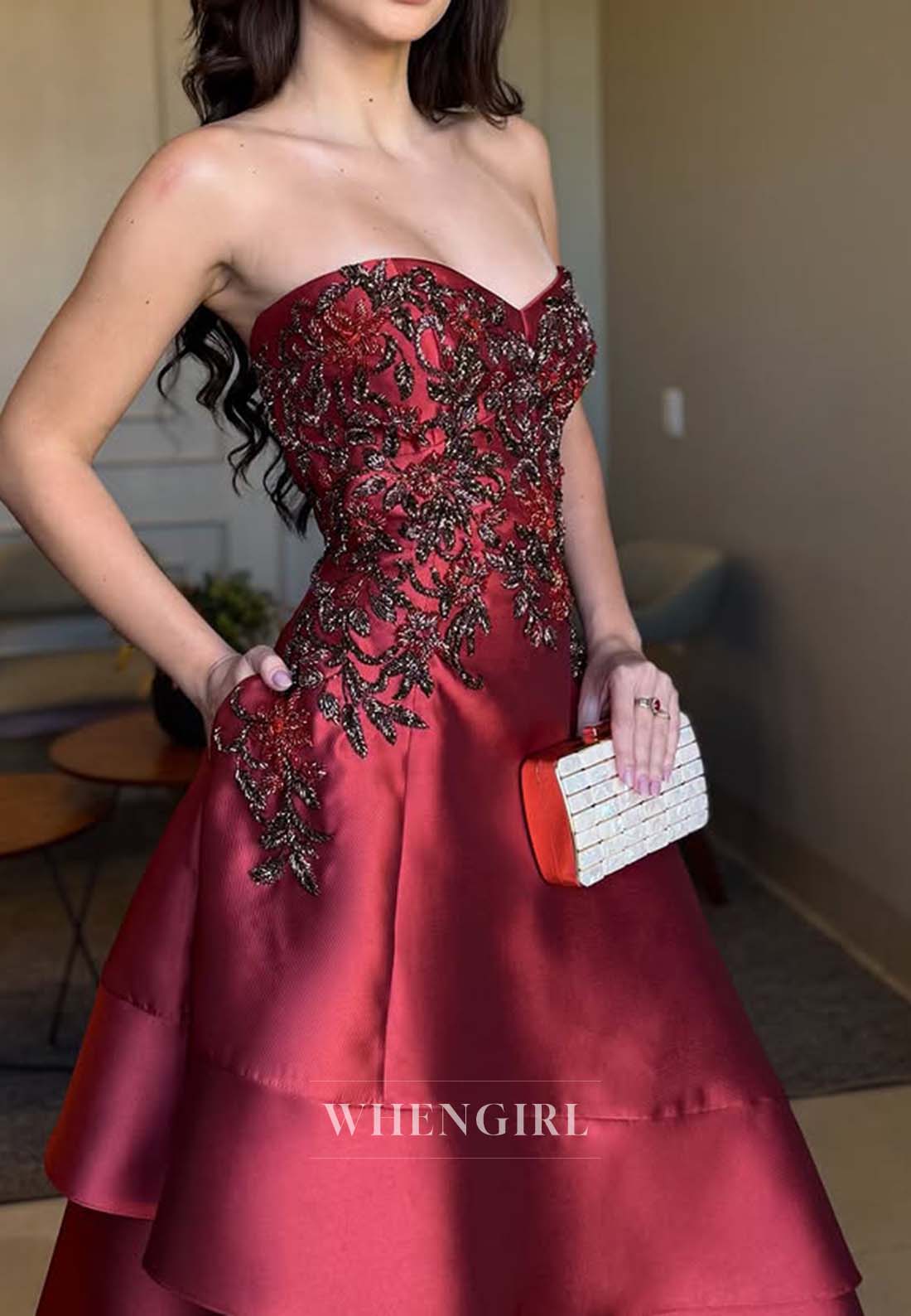 Burgundy Sweetheart Sleeveless Tube Top Embroidery A-Line Floor Length Formal Evening Dress