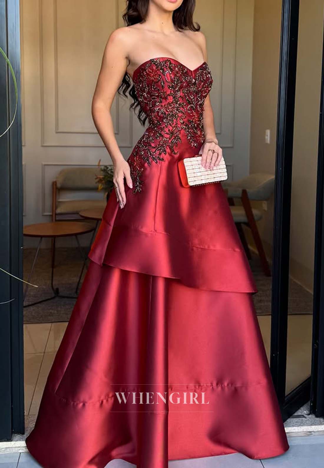 Burgundy Sweetheart Sleeveless Tube Top Embroidery A-Line Floor Length Formal Evening Dress