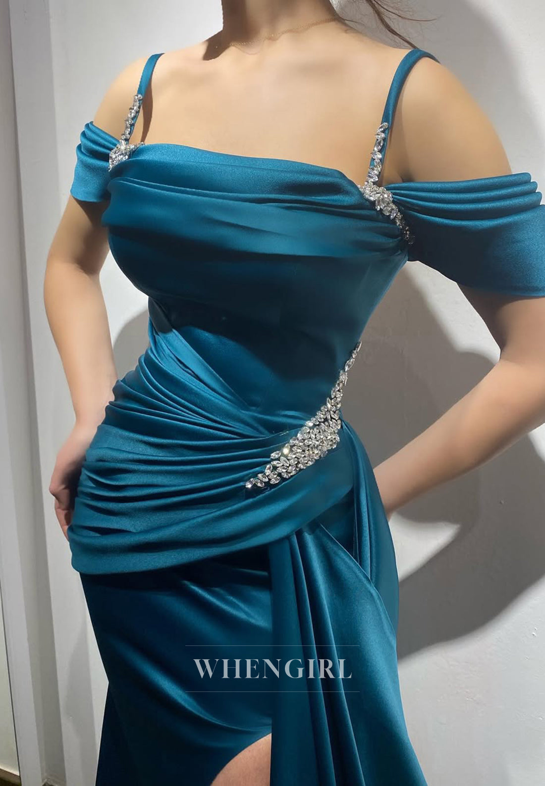 Sheath Off Shoulder Pleats Side Slit Sleeveless Evening Formal Gown with Beads and Sweep Train