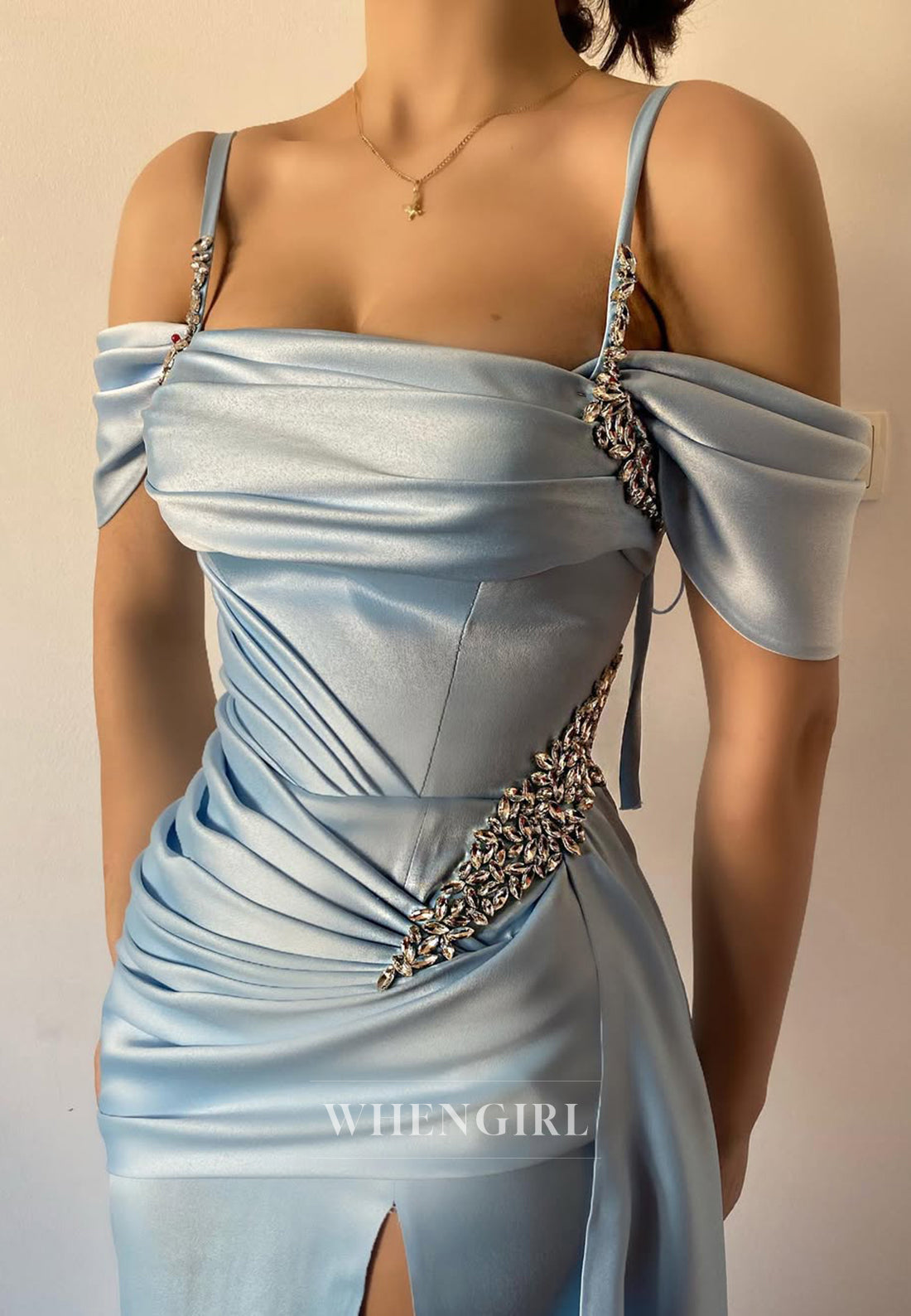 Sheath Off Shoulder Pleats Side Slit Sleeveless Evening Formal Gown with Beads and Sweep Train