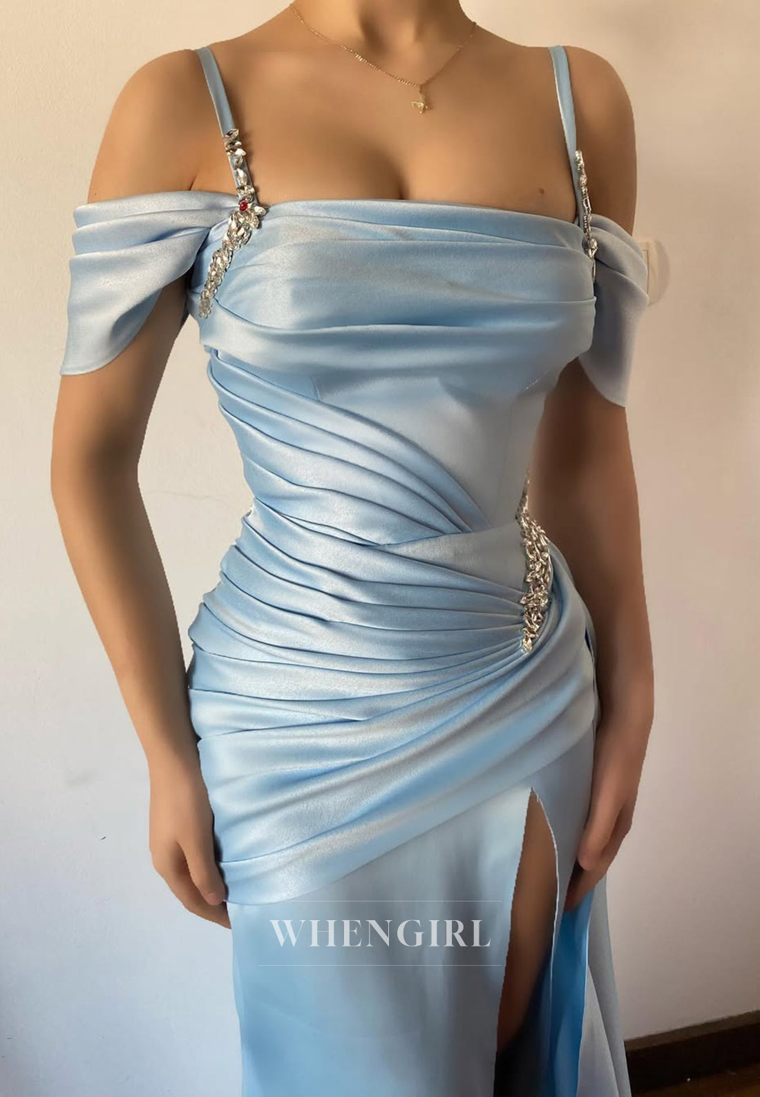 Sheath Off Shoulder Pleats Side Slit Sleeveless Evening Formal Gown with Beads and Sweep Train
