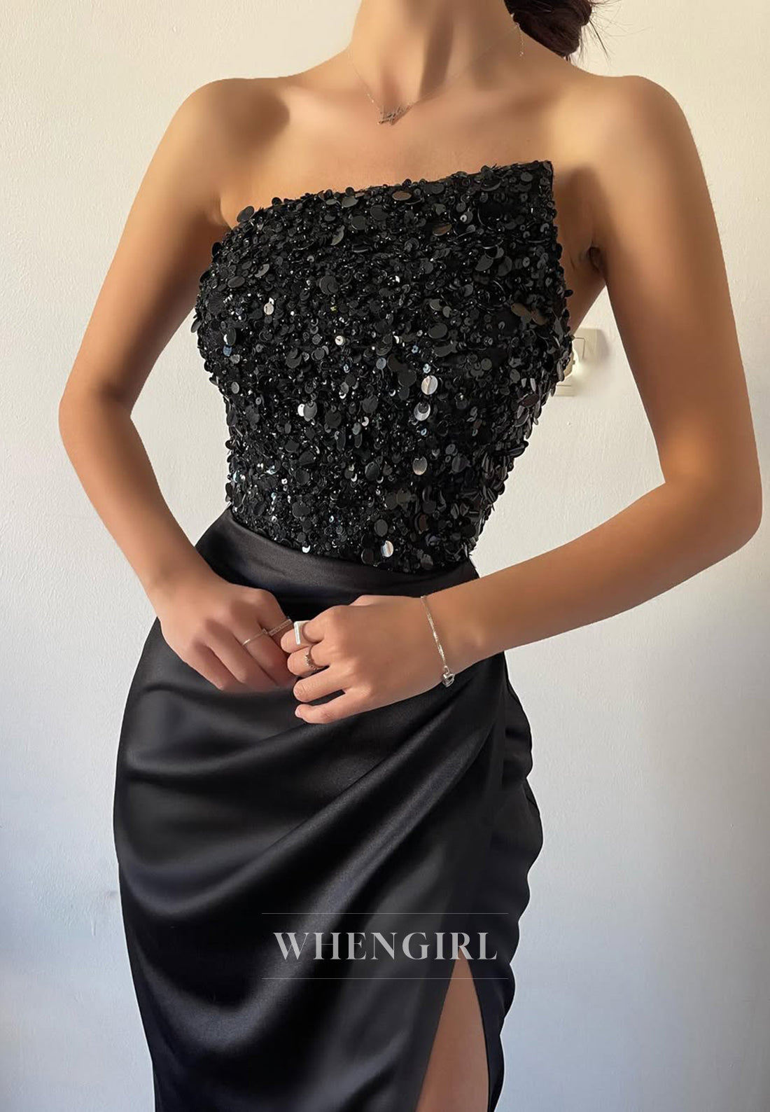 Black Side Slit Pleats Beads Asymmetrical Neck Strapless Sheath Evening Formal Gown