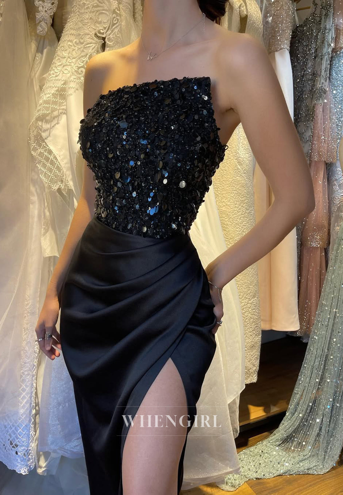 Black Side Slit Pleats Beads Asymmetrical Neck Strapless Sheath Evening Formal Gown